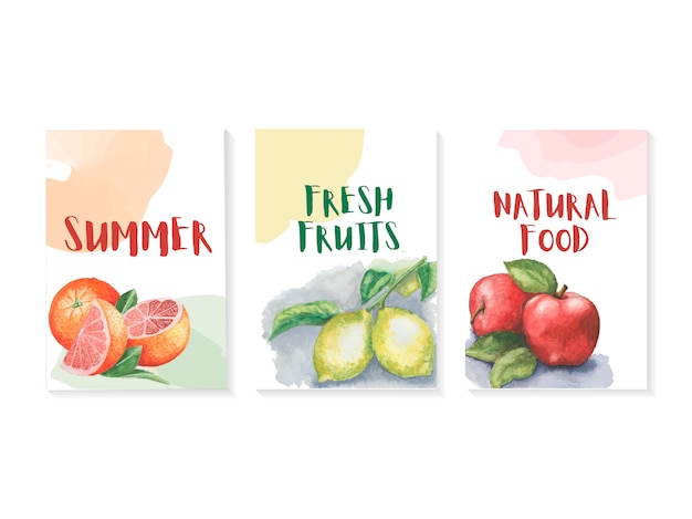 Vector conjunto de plantillas de verano con frutas acuarelas.