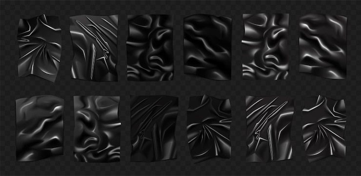 Vector conjunto de plástico negro con arrugas y pliegues en la superficie 3d hoja de látex en blanco realista