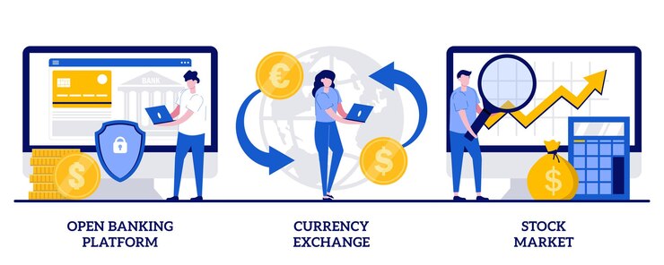 Vector conjunto de plataforma de banca abierta, cambio de divisas, mercado de valores