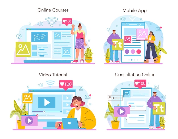 Conjunto de plataforma o servicio en línea de administrador de contenido. Promoción digital y producción de contenidos. Desarrollo del plan de contenido. Curso online, consulta, videotutorial, aplicación móvil. Ilustración vectorial plana