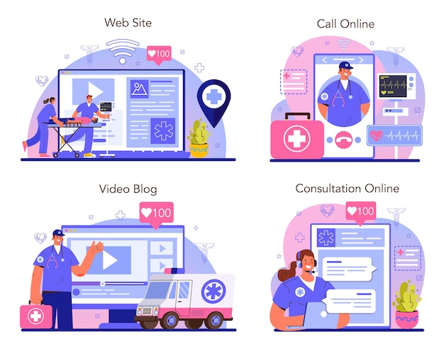Conjunto de plataforma o servicio en línea de ambulancia. médico de urgencias en el uniforme que realiza primeros auxilios. atención urgente de paramédicos. consulta online, llamada, video blog, sitio web. ilustración vectorial plana