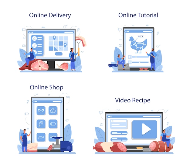 Vector conjunto de plataforma o servicio en línea de carnicero o carnicero.