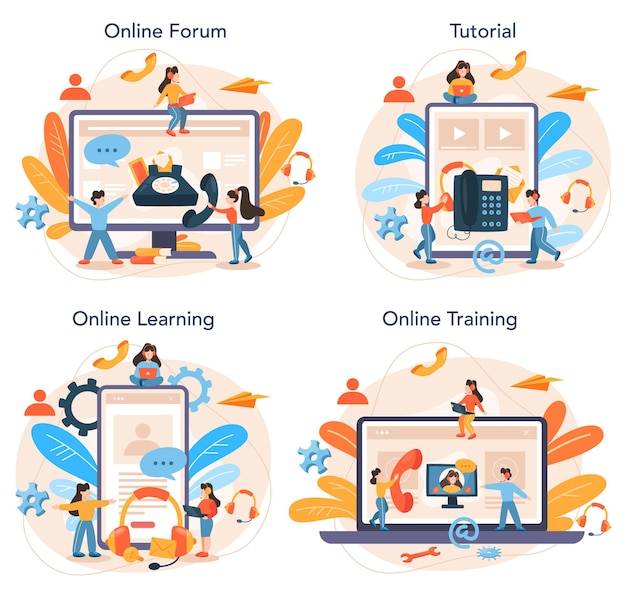 Conjunto de plataforma o servicio en línea del centro de llamadas. idea de servicio al cliente. apoyar y proporcionar al cliente información valiosa. foro en línea, tutorial, aprendizaje, formación.