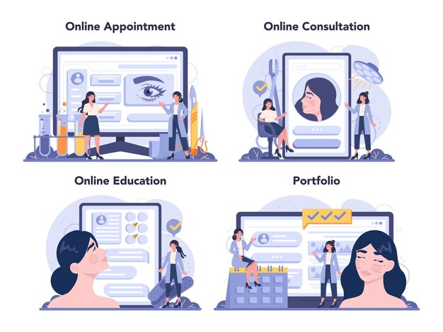Vector conjunto de plataforma o servicio en línea de cirujano plástico