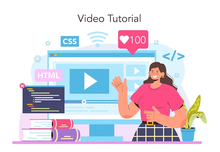 Vector conjunto de plataforma o servicio en línea de desarrollo de sitios web. proceso de codificación html. especialista digital creando una página web. video tutorial. ilustración vectorial plana