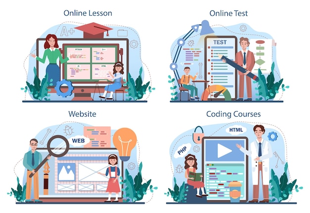 Conjunto de plataforma o servicio en línea de educación de ti. los estudiantes aprenden programación