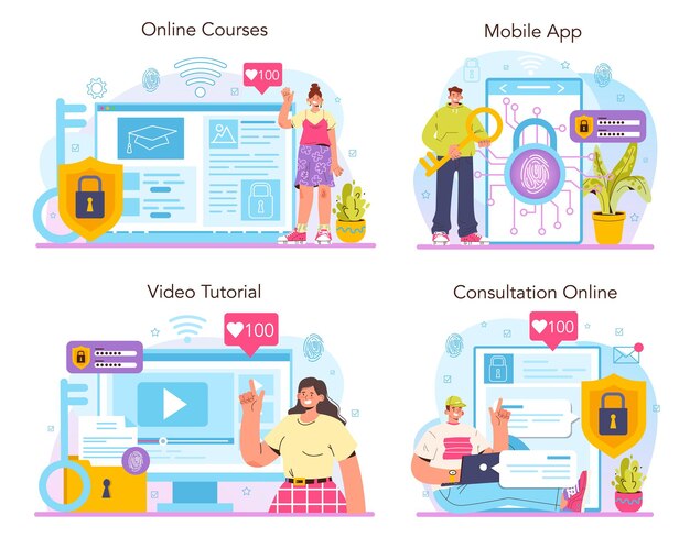Conjunto de plataforma o servicio en línea de especialista en seguridad cibernética. Seguridad de bases de datos y datos digitales, prevención de ciberataques. Curso online, consulta, videotutorial, aplicación móvil. Ilustración vectorial plana