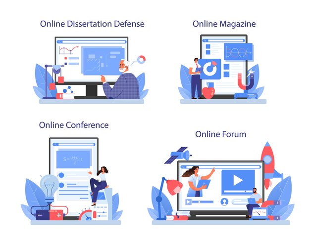 Conjunto de plataforma o servicio en línea de físico. El científico explora ondas y fuerzas. Estudio teórico y práctico. Foro en línea, revista, conferencia, defensa de tesis. Ilustración de vector aislado