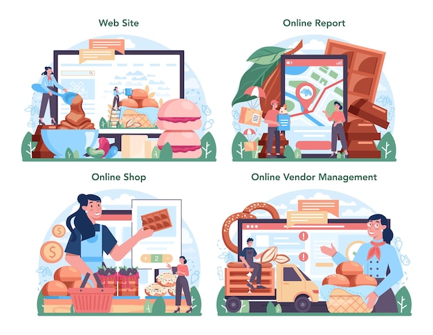 Conjunto de plataforma o servicio en línea de la industria de producción de confitería. Proceso de elaboración de deliciosos alimentos de pastelería y dulces. Tienda online, informe, gestión de proveedores, sitio web. Ilustración vectorial plana