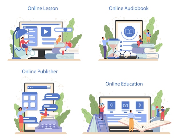 Conjunto de plataforma o servicio en línea de materias escolares de literatura. Idea de educación y conocimiento. Estudia escritor antiguo y novela moderna. Lección en línea, audiolibro, editor en línea.