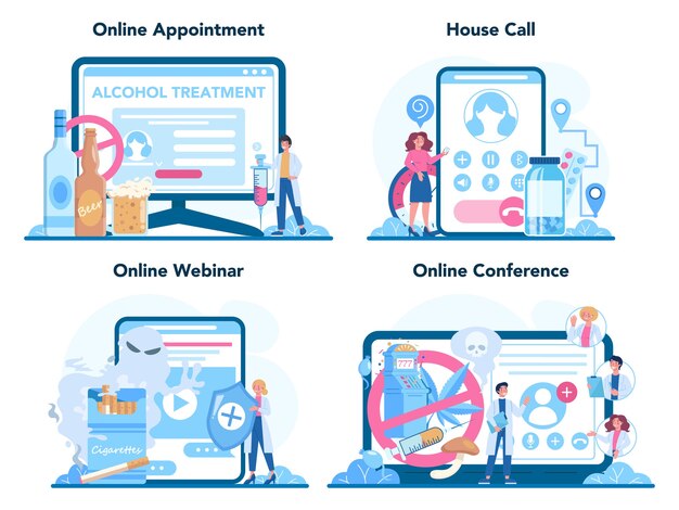 Vector conjunto de plataforma o servicio en línea de narcólogo. especialista médico profesional.