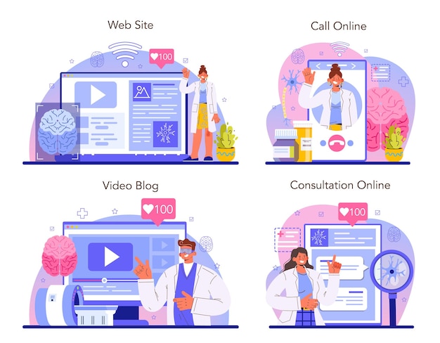 Conjunto de plataforma o servicio en línea de neurólogo. El médico examina y trata el cerebro y el sistema nervioso. Terapia de enfermedades del sistema nervioso. Llamada online, consulta, video blog, sitio web. Ilustración vectorial plana