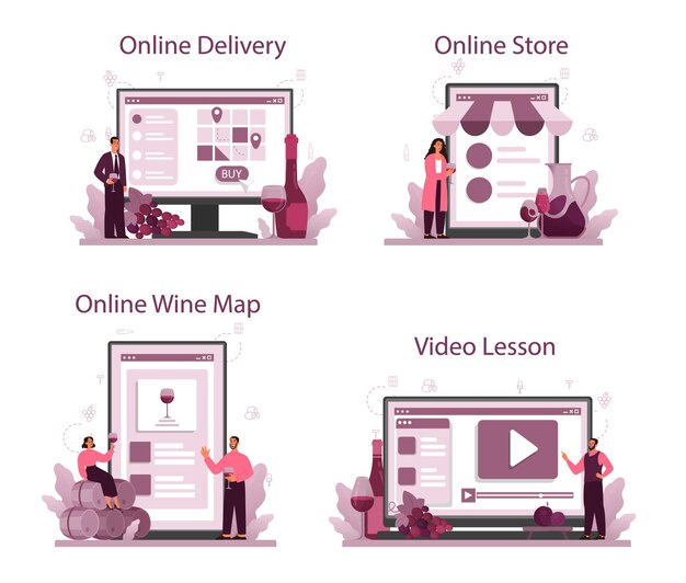 Conjunto de plataforma o servicio en línea Sommelier. Especialista con botella de vino de uva y copa llena de bebida alcohólica. Entrega en línea, tienda, mapa de vinos, video lección.