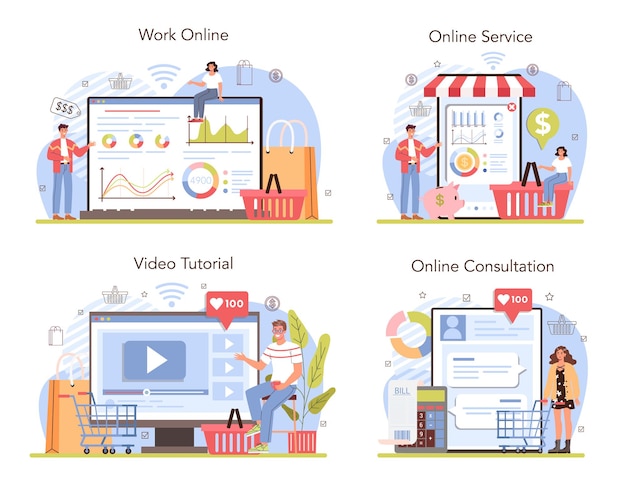 Conjunto de plataforma o servicio online de actividad comercial. Estimulación de ventas con fines de lucro comercial. Capacitación para nuevo empleado. Consulta online, videotutorial, trabajo. Ilustración vectorial plana
