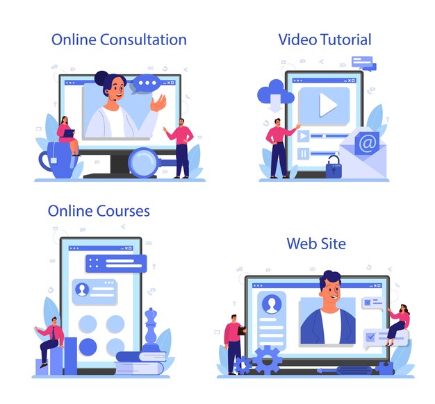 Conjunto de plataforma o servicio online de consultoría profesional.