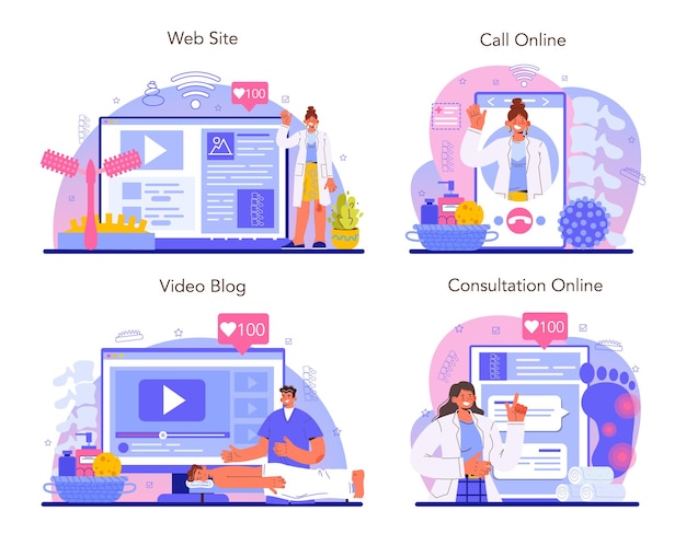 Conjunto de plataforma o servicio online de masajista. Tratamiento de masaje de espalda