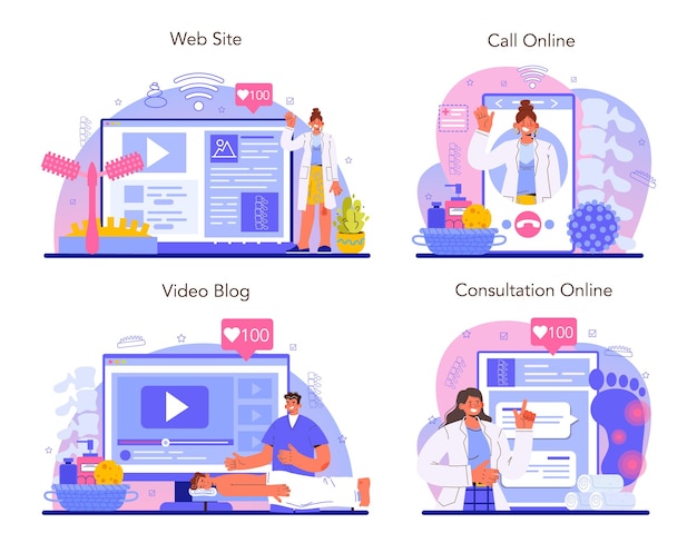 Vector conjunto de plataforma o servicio online de masajista. tratamiento de masaje de espalda