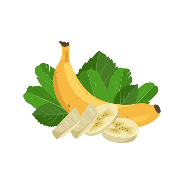 Conjunto de plátano amarillo dulce entero y cortado con hojas deliciosa fruta exótica sana vector ilustración de comida plana