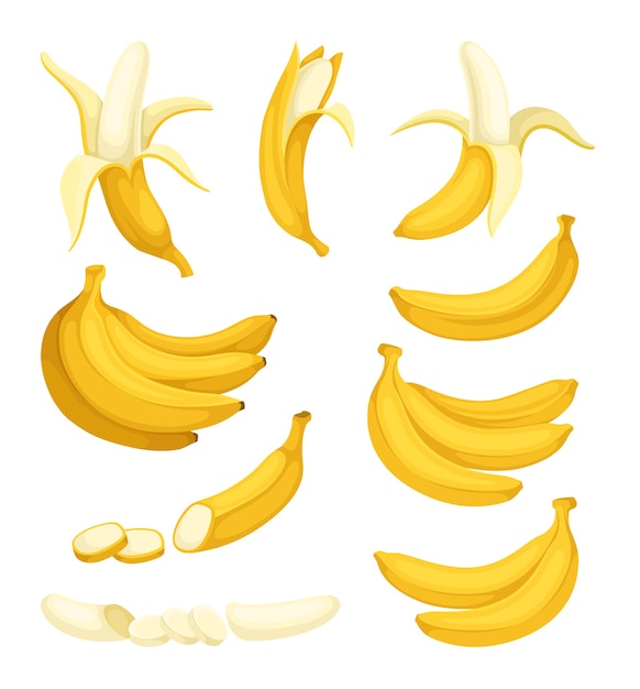 Conjunto de plátanos maduros enteros y en rodajas