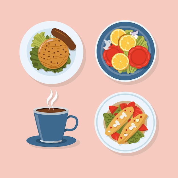 Conjunto de platos de alimentos y bebidas