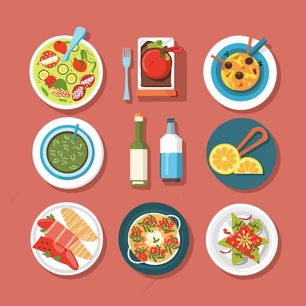 Vector conjunto de platos de alimentos y bebidas