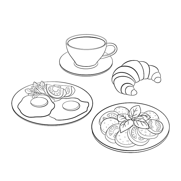 Vector conjunto de platos de desayuno para colorear