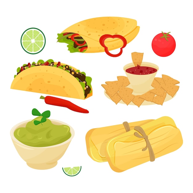 Conjunto de platos mexicanos comida taco burrito guacamole tamal nachos decorados con tomate lima