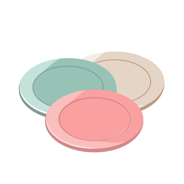 Conjunto de platos planos Platos de color rosa, azul y beige Utensilio de cocina Objetos vectoriales