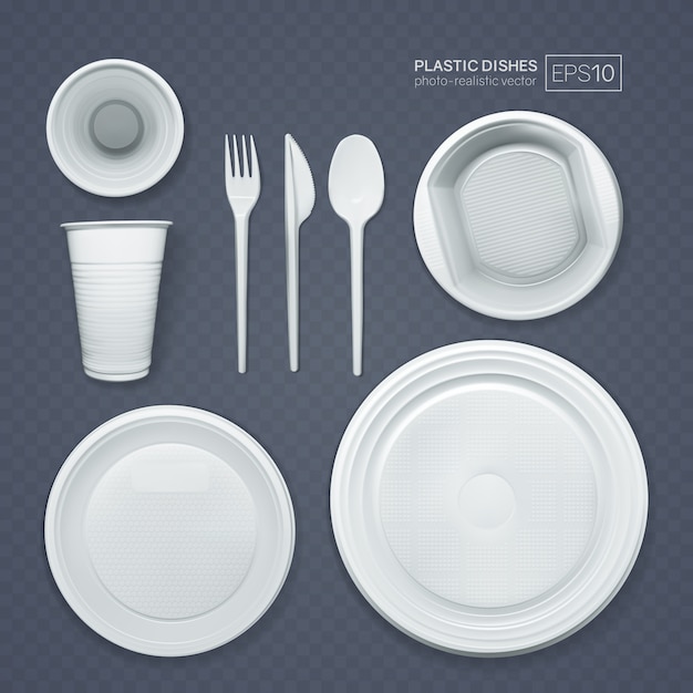 Conjunto de platos de plástico realistas.