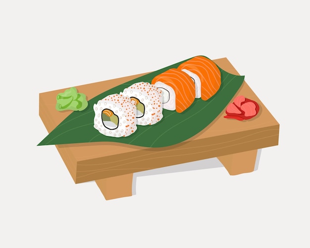 Vector conjunto de platos tradicionales japoneses de rollos y sushi con mariscos en una bandeja de madera