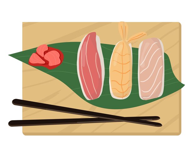 Conjunto de platos tradicionales japoneses de rollos y sushi con mariscos en una bandeja de madera