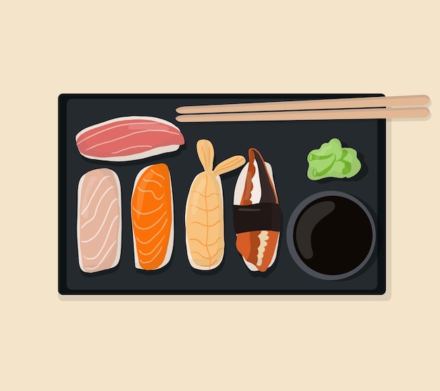 Conjunto de platos tradicionales japoneses de rollos y sushi con mariscos en un plato negro