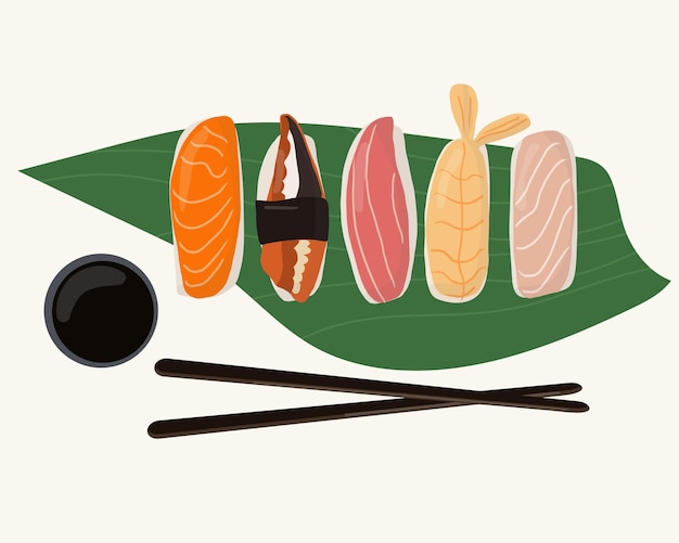 Conjunto de platos tradicionales japoneses de rollos y sushi con mariscos servidos en una hoja de palma