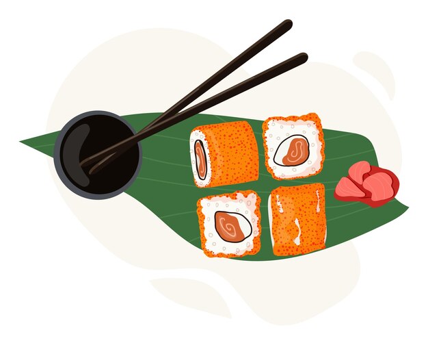 Vector conjunto de platos tradicionales japoneses de rollos y sushi con mariscos servidos en una hoja de palma