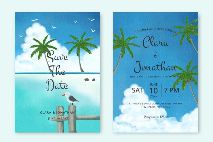 Vector conjunto de playa tropical de acuarela con invitación de boda de palma
