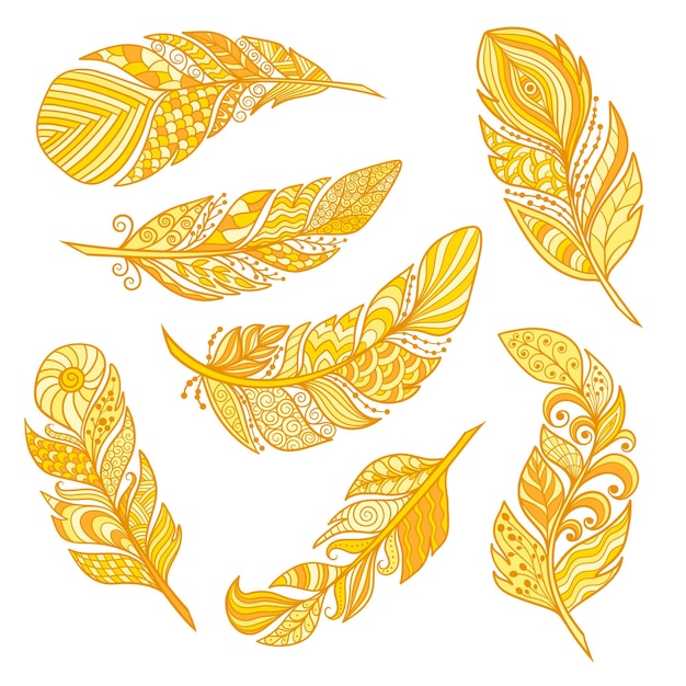 Vector conjunto de plumas abstractas de oro amarillo.