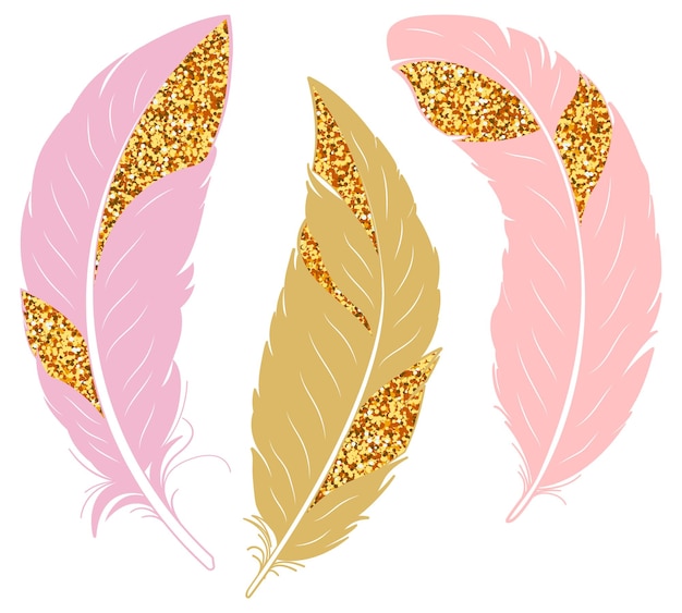 Conjunto de plumas Plumas brillantes rosadas y doradas Ilustración dibujada a mano por vector