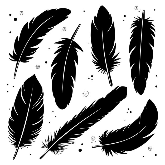 Conjunto de plumas de silueta negra con elementos decorativos y puntos sobre un fondo blanco Diseño minimalista y elegante perfecto para estampas, patrones y proyectos creativos