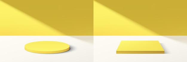 Conjunto de podio de pedestal de cubo y cilindro amarillo 3D abstracto con escena de pared mínima de color amarillo brillante en la sombra. Colección de plataforma geométrica de representación vectorial para presentación de exhibición de productos cosméticos