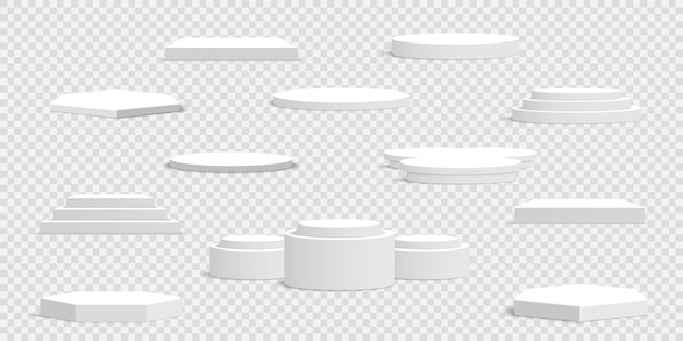 Conjunto de podios blancos en blanco sobre fondo transparente Ilustración de Vector de escena de pedestales