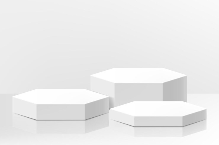 Vector conjunto de podios blancos de diferentes formas pedestales de sala de exposición plataforma de escenario de piso vector maqueta aislada forma geométrica básica pantalla de promoción ilustración de vector 3d realista