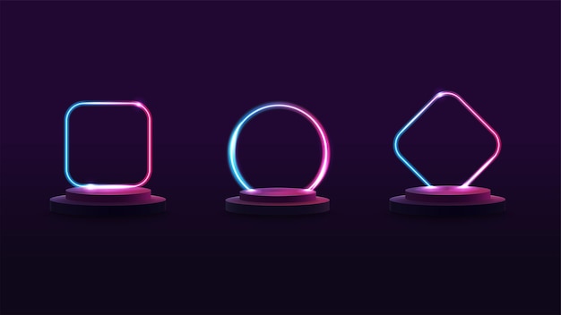 Conjunto de podios con marcos de neón degradados en el fondo para tus artes