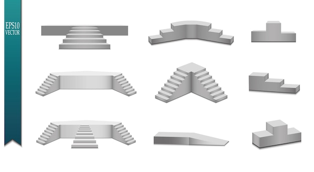 Conjunto de podios de plata conjunto de diferentes pasos de color dorado sobre fondo blanco ilustración vectorial