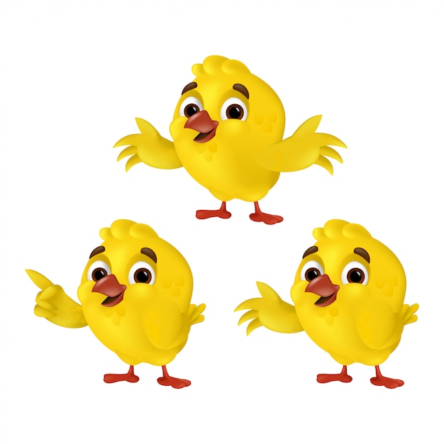 Conjunto de pollitos de dibujos animados lindo aislado en un fondo blanco. Ilustración con divertidos tres pollos amarillos en diferentes poses, mostrando, aleteando y abrazando. Se puede usar para diseños de diseños de Pascua