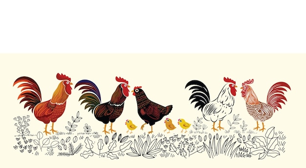 Conjunto de pollo gallina gallo icono carácter vector ilustración Colección de animales de granja de aves de corral