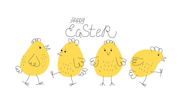Conjunto de pollos amarillos lindos inscripción caligrafía dibujos animados pollos divertidos iconos lineales dibujados a mano Pascua