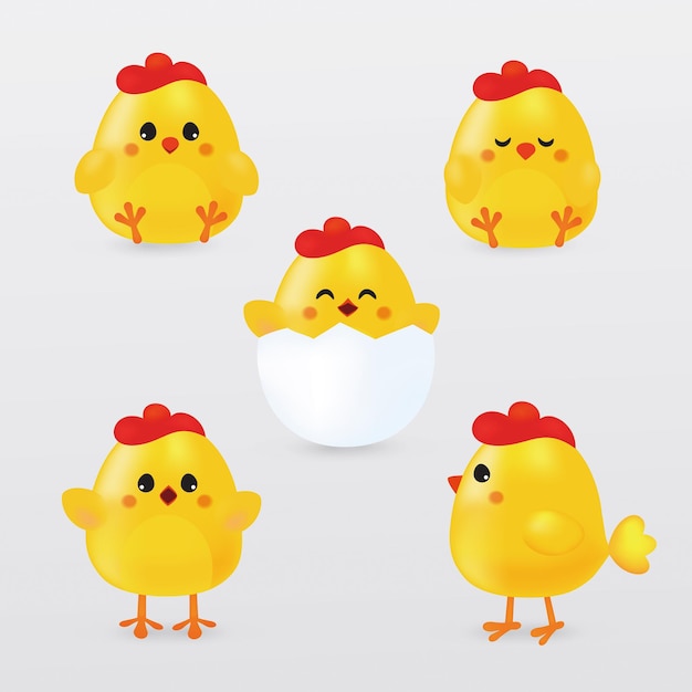 Vector conjunto de pollos de dibujos animados divertidos pollos amarillos en diferentes poses ilustración vectorial