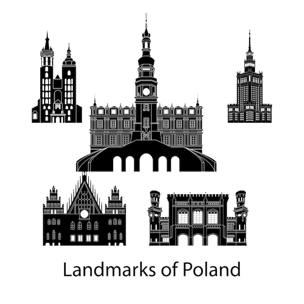 conjunto de Polonia famoso punto de referencia estilo silueta
