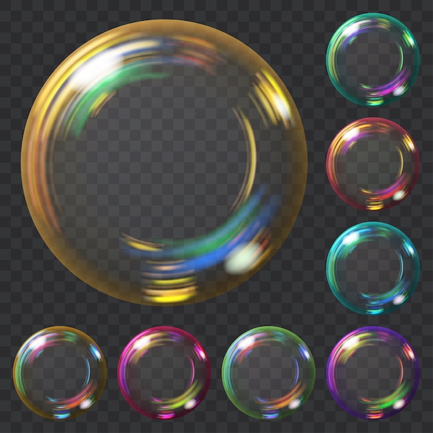 Conjunto de pompas de jabón transparentes multicolores con reflejos. Transparencia solo en formato vectorial. Se puede utilizar con cualquier fondo.