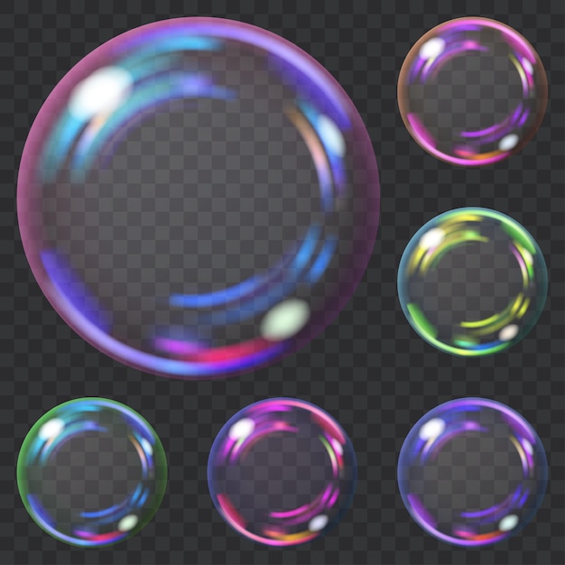 Conjunto de pompas de jabón transparentes multicolores con reflejos. Transparencia solo en formato vectorial. Se puede utilizar con cualquier fondo.